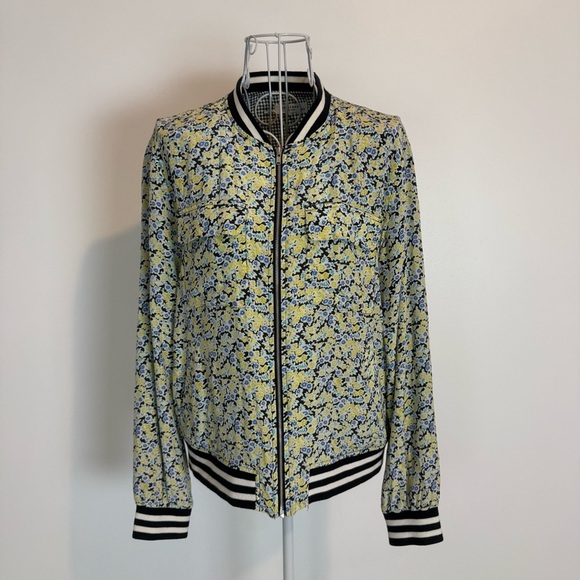 EQUIPMENT FEMME 100% Silk Floral Lined Bomber Jacket Full Zip Casual Comfort XS - Picture 1 of 11